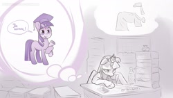 Size: 1920x1081 | Tagged: safe, artist:icychamber, twilight sparkle, alicorn, pony, unicorn, g4, clothes, crown, female, graduation cap, grumpy, grumpy twilight, hat, inkwell, jewelry, laser pointer, mare, quill, regalia, scroll, solo, stamp, thought bubble, twilight sparkle (alicorn), unicorn twilight