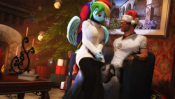 Size: 1920x1080 | Tagged: safe, artist:artempredator, rainbow dash, human, anthro, g4, 3d, breasts, busty rainbow dash, candle, christmas, christmas tree, couch, fireplace, holiday, present, serious sam, sexy, source filmmaker, stupid sexy rainbow dash, sunglasses, tree