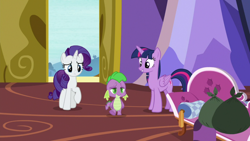 Size: 1920x1080 | Tagged: safe, screencap, rarity, spike, twilight sparkle, alicorn, dragon, pony, dragon dropped, g4, fainting couch, trash bag, twilight sparkle (alicorn), twilight's castle, winged spike, wings