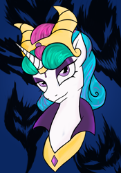Size: 2049x2927 | Tagged: safe, artist:mermaidsoupbuttons, idw, princess celestia, alicorn, pony, g4, reflections, spoiler:comic, bust, evil celestia, evil counterpart, female, high res, looking at you, mare, mirror universe, peytral, portrait, solo