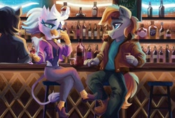 Size: 1920x1295 | Tagged: safe, artist:saxopi, oc, oc only, oc:gallant hymn, griffon, anthro, plantigrade anthro, alcohol, bar, clothes, duo, looking at each other