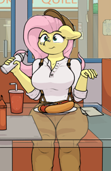 Size: 3437x5262 | Tagged: safe, artist:ljdamz1119, fluttershy, anthro, g4, big breasts, breasts, busty fluttershy, clothes, diner, female, floppy ears, food, hat, hot dog, mayonnaise, meat, plump, ponies eating meat, sauce, sausage, shirt, sitting, soda, solo, suspenders