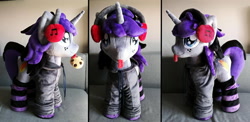 Size: 3122x1520 | Tagged: safe, artist:agatrix, oc, oc only, oc:purple flame, pony, unicorn, :p, clothes, cookie, craft, food, headphones, hoodie, irl, male, minky, photo, plushie, socks, solo, stallion, striped socks, tongue out
