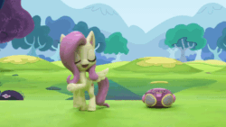 Size: 800x450 | Tagged: safe, screencap, fluttershy, rainbow dash, pegasus, pony, dance dance, g4.5, my little pony: stop motion short, animated, dancing, eyes closed, female, flying, gif, grass, hooves up, outdoors, radio, smiling