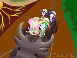 Size: 1920x1440 | Tagged: safe, artist:phantomshadow051, fluttershy, rainbow dash, rarity, sci-twi, twilight sparkle, equestria girls, g4, clothes, covering, explorer outfit, hat, jungle, lava, padding, pith helmet, roller coaster, scared, volcano
