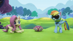 Size: 800x450 | Tagged: safe, screencap, fluttershy, rainbow dash, pegasus, pony, dance dance, g4.5, my little pony: stop motion short, animated, dancing, female, gif, grass, moonwalk, radio, smiling, stop motion, sunglasses, tree, wings