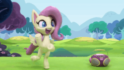 Size: 800x450 | Tagged: safe, screencap, fluttershy, pegasus, pony, dance dance, g4.5, my little pony: stop motion short, animated, bipedal, cute, dancing, female, gangnam style, gif, grass, radio, shyabetes, solo, stop motion, tree, wings