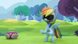 Size: 800x450 | Tagged: safe, screencap, rainbow dash, pegasus, pony, dance dance, g4.5, my little pony: stop motion short, animated, bipedal, dancing, female, gif, grass, hooves up, mare, outdoors, radio, robot (dance), solo, stop motion, sunglasses, tree, wings