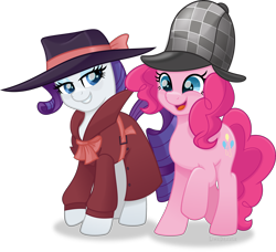 Size: 4390x4000 | Tagged: safe, artist:limedazzle, pinkie pie, rarity, pony, g4, absurd resolution, deerstalker, detective, detective rarity, fedora, hat, movie accurate, shadow spade, sherlock holmes, sherlock pie, show accurate, simple background, transparent background