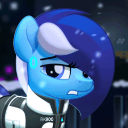 Size: 500x500 | Tagged: safe, artist:bastbrushie, artist:jhayarr23, oc, oc only, oc:brushie brusha, android, earth pony, pony, robot, robot pony, animated, city, cityscape, clothes, collaboration, cosplay, costume, detroit: become human, earth pony oc, gif, loop, night, rk900, snow, solo