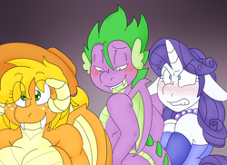 Size: 1754x1277 | Tagged: safe, artist:blackbewhite2k7, applejack, rarity, spike, dragon, pony, unicorn, anthro, g4, abstract background, angry, applejack's hat, bipedal, blushing, breasts, busty applejack, busty rarity, clothes, commission, cowboy hat, cross-popping veins, distracted boyfriend meme, dragonified, dragonjack, female, hat, jealous, jealous rarity, jewelry, male, mare, necklace, nudity, older, ship:applespike, ship:sparity, shipping, species swap, straight