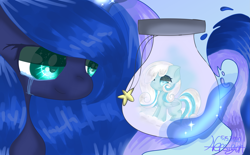 Size: 3557x2205 | Tagged: safe, artist:nersigon, princess luna, oc, oc:snowdrop, alicorn, pegasus, pony, g4, big eyes, bottle, crying, female, filly, high res, horn, magic, smiling, tears of joy, wings