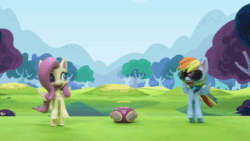 Size: 800x450 | Tagged: safe, screencap, fluttershy, rainbow dash, pegasus, pony, dance dance, g4.5, my little pony: stop motion short, animated, dancing, female, gif, grass, looking at each other, outdoors, radio, smiling, stop motion, sunglasses, tree, wings