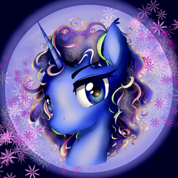 Size: 2048x2048 | Tagged: safe, alternate version, artist:eris azure, princess luna, alicorn, pony, g4, 80s, alternate hairstyle, blue eyes, curly hair, curly mane, eyebrows, female, high res, jewelry, simple background, solo