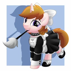 Size: 800x810 | Tagged: safe, artist:jhayarr23, oc, oc only, oc:white shield, pony, unicorn, bow, choker, clothes, crossdressing, duster, hair bow, maid, male, mouth hold, solo, stallion