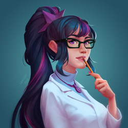 Size: 2500x2500 | Tagged: safe, artist:kripsody, sci-twi, twilight sparkle, human, equestria girls, g4, bust, clothes, female, geode of telekinesis, glasses, high res, human coloration, humanized, jewelry, lab coat, magical geodes, necklace, pencil, ponytail, solo