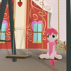 Size: 1140x1140 | Tagged: safe, oc, oc only, pony, unicorn, legends of equestria, clothes, female, game, game screencap, looking up, mare, ponyville schoolhouse, scarf, sitting, snow, solo, swing, underhoof, video game, winter