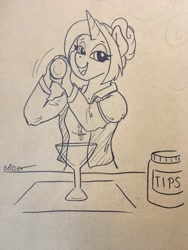 Size: 1536x2048 | Tagged: safe, artist:cadetredshirt, oc, oc only, oc:red rummy, unicorn, anthro, bartender, cocktail glass, ink drawing, monochrome, solo, tip jar, traditional art