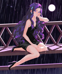 Size: 1654x1968 | Tagged: safe, artist:elii116, rarity, human, fanfic:demons and desires, g4, beautiful, bench, black dress, clothes, cutie mark, dress, ear piercing, earring, female, full moon, hairclip, high heels, humanized, jewelry, legs, little black dress, moon, night, piercing, rain, shoes, sitting, solo, stars, stiletto heels
