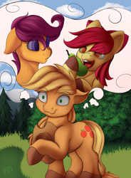 Size: 2672x3621 | Tagged: safe, artist:batsdisaster, apple bloom, applejack, scootaloo, earth pony, pegasus, pony, g4, applejack's hat, cowboy hat, dishonorapple, eating, female, filly, food, freckles, happy, hat, herbivore, high res, mare, pear, shocked, that pony sure does hate pears