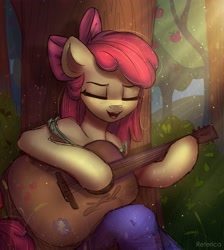 Size: 2600x2900 | Tagged: safe, artist:radioaxi, apple bloom, earth pony, semi-anthro, g4, adorabloom, apple, apple tree, arm hooves, clothes, crepuscular rays, cute, dexterous hooves, eyes closed, female, food, freckles, guitar, high res, musical instrument, open mouth, solo, tree
