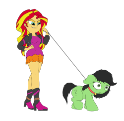 Size: 2446x2382 | Tagged: safe, edit, sunset shimmer, oc, oc:filly anon, human, pony, equestria girls, g4, anonpony, collar, drawthread, evil grin, female, femdom, filly, grin, high res, leash, legs, pet, pet tag, pony pet, simple background, smiling, smirk, transparent background