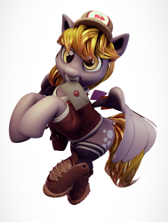 Size: 2220x2940 | Tagged: safe, artist:gelei, artist:ncmares, derpy hooves, pegasus, pony, g4, 3d, boots, cap, clothes, envelope, female, hat, high res, mailpony, shoes, simple background, socks, solo, thigh highs