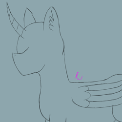 Size: 1280x1280 | Tagged: safe, artist:camellias, alicorn, pony, cam's daily doodles, curved horn, ear fluff, horn, sketch, wings