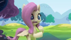 Size: 800x450 | Tagged: safe, screencap, fluttershy, pegasus, pony, dance dance, g4.5, my little pony: stop motion short, animated, bipedal, dancing, female, gif, grass, hooves up, solo, stop motion, sweat, sweatdrop, tree, wings, worried, zoom in, zoomed in