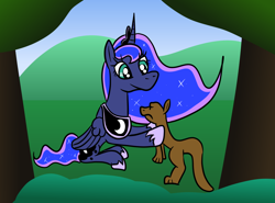 Size: 1024x758 | Tagged: safe, artist:platinumdrop, princess luna, alicorn, pony, weasel, g4, female, mare, sitting, upset