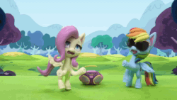 Size: 1920x1080 | Tagged: safe, screencap, fluttershy, rainbow dash, pegasus, pony, dance dance, g4.5, my little pony: stop motion short, animated, bipedal, dancing, dizzy, excited, female, grass, happy, looking at each other, radio, sitting, smiling, sound, stop motion, sunglasses, sweat, sweatdrop, theme song, tired, tongue out, tree, webm, wings