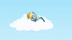 Size: 800x450 | Tagged: safe, screencap, rainbow dash, pegasus, pony, dance dance, g4.5, my little pony: stop motion short, animated, blinking, cloud, female, gif, looking at something, shocked, sitting up, solo, stop motion, wings