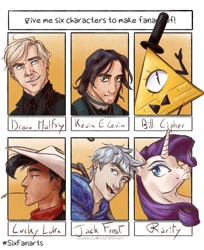 Size: 1080x1324 | Tagged: safe, artist:mori_the_french_artist, rarity, human, pony, unicorn, g4, ben 10, bill cipher, bowtie, bust, crossover, draco malfoy, female, gravity falls, harry potter (series), hat, jack frost, kevin levin, lucky luke, makeup, male, mare, neckerchief, six fanarts, straw in mouth, top hat