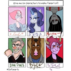 Size: 1080x1080 | Tagged: safe, artist:liv.howlett, rarity, demon, gem (race), horse, human, pony, unicorn, vampire, anthro, g4, adventure time, anthro with ponies, bedroom eyes, bojack horseman, bust, cigarette, clothes, crossover, eyelashes, female, gem, glasses, glowing horn, gravity falls, grin, horn, makeup, male, marceline, mare, pearl, pearl (steven universe), six fanarts, smiling, smoking, stanley pines, star vs the forces of evil, steven universe, tom lucitor, upside down