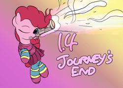 Size: 1474x1061 | Tagged: safe, artist:vultraz, pinkie pie, earth pony, pony, g4, clothes, female, gradient background, looking at you, one eye closed, party girl, skirt, socks, solo, terraria, text, wink