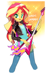 Size: 553x900 | Tagged: safe, artist:moudoku, sunset shimmer, equestria girls, g4, clothes, cute, electric guitar, female, flying v, guitar, jacket, leather jacket, musical instrument, open mouth, pants, playing, shimmerbetes, solo