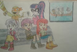 Size: 1573x1075 | Tagged: safe, artist:jebens1, apple bloom, sci-twi, scootaloo, sweetie belle, twilight sparkle, equestria girls, g4, apple bloom's bow, bench, boots, bow, cebu, clothes, cutie mark crusaders, glasses, hair bow, hoodie, jacket, jeans, looking at someone, looking at you, michelangelo, ninja, pants, projector, shirt, shoes, shorts, silly songs, simple background, sitting, skirt, song in the description, song of the cebu, story included, teenage mutant ninja turtles, traditional art, twilight sparkle is not amused, unamused, veggietales, white background