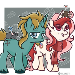 Size: 894x894 | Tagged: safe, artist:redpalette, oc, oc:javert, oc:red palette, pony, rat, unicorn, clothes, couple, cute, female, male, mare, pet, scarf, scowl, smiling, stallion, walking