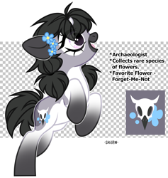 Size: 2528x2664 | Tagged: safe, artist:shelin_arts, oc, oc only, unnamed oc, earth pony, pony, colored ears, colored muzzle, eye clipping through hair, female, flower, forget-me-not (flower), hair tie, high res, mare, open mouth, pigtails, signature, smiling, solo