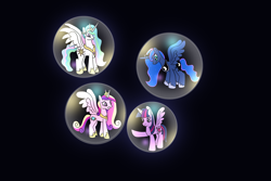 Size: 3072x2048 | Tagged: safe, artist:platinumdrop, princess cadance, princess celestia, princess luna, twilight sparkle, alicorn, pony, g4, alicorn tetrarchy, angry, bubble, female, high res, in bubble, mare, request, scared, sisters-in-law, trapped, twilight sparkle (alicorn)