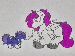 Size: 2659x1969 | Tagged: safe, artist:drheartdoodles, oc, oc:dr.heart, oc:infinatus, clydesdale, pegasus, pony, .3., :p, chest fluff, clothes, coloring, scarf, size difference, tongue out, traditional art, •3•