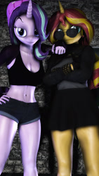 Size: 1080x1920 | Tagged: safe, artist:artempredator, starlight glimmer, sunset shimmer, unicorn, anthro, g4, 3d, belly button, breasts, cleavage, clothes, duo, midriff, source filmmaker, sports bra, sunglasses