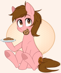 Size: 1015x1200 | Tagged: safe, artist:higglytownhero, oc, oc only, oc:cookie crumb, earth pony, pony, g4, cookie, cute, female, food, mouth hold, ocbetes, plate, solo, underhoof