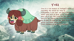 Size: 1280x719 | Tagged: safe, artist:andoanimalia, yona, yak, g4, bio, bow, cloven hooves, cute, female, hair bow, looking at you, monkey swings, mountain, smiling, story included, yonadorable