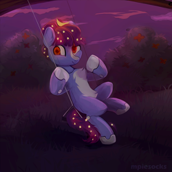 Size: 1500x1500 | Tagged: safe, artist:raily, earth pony, pony, robot, robot pony, bush, female, grass, mare, night, simple background, smiling, solo, stars, swing