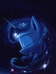 Size: 3000x4000 | Tagged: safe, artist:rocket-lawnchair, princess luna, alicorn, pony, g4, beautiful, ethereal mane, eyes closed, female, galaxy mane, high res, night, profile, sky, smiling, solo, space, starry mane, stars