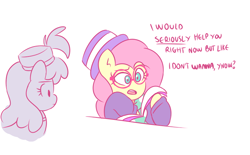Size: 728x450 | Tagged: safe, artist:thepiday, fluttershy, silver berry, pony, fake it 'til you make it, g4, alternate hairstyle, dialogue, duo, female, glasses, hat, hipstershy, magazine, mare, open mouth, scene interpretation, simple background, white background