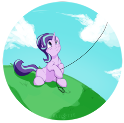 Size: 2507x2496 | Tagged: safe, artist:elicitie, starlight glimmer, pony, unicorn, g4, cloud, cute, female, glimmerbetes, high res, hoof hold, kite, kite flying, mare, simple background, sitting, solo, that pony sure does love kites, transparent background