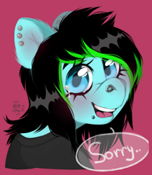 Size: 800x920 | Tagged: safe, artist:joonyash, oc, oc only, oc:scene chick, earth pony, pony, bust, clothes, commission, crying, dyed mane, ear piercing, earring, female, jewelry, looking at you, mare, nose piercing, open mouth, piercing, pink background, shirt, signature, simple background, snake bites, solo, speech bubble, t-shirt, ych result