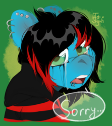 Size: 800x900 | Tagged: safe, artist:joonyash, oc, oc only, oc:emo lad, earth pony, pony, bust, clothes, commission, crying, dyed mane, ear piercing, earring, green background, hoodie, jewelry, lip piercing, looking at you, male, open mouth, piercing, sad, signature, simple background, solo, speech bubble, stallion, striped hoodie, ych result